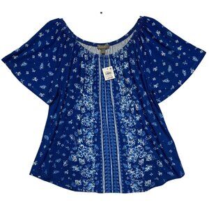 Style & Co. Womens Large On/Off Shoulder Floral Print Top Abyss Blue